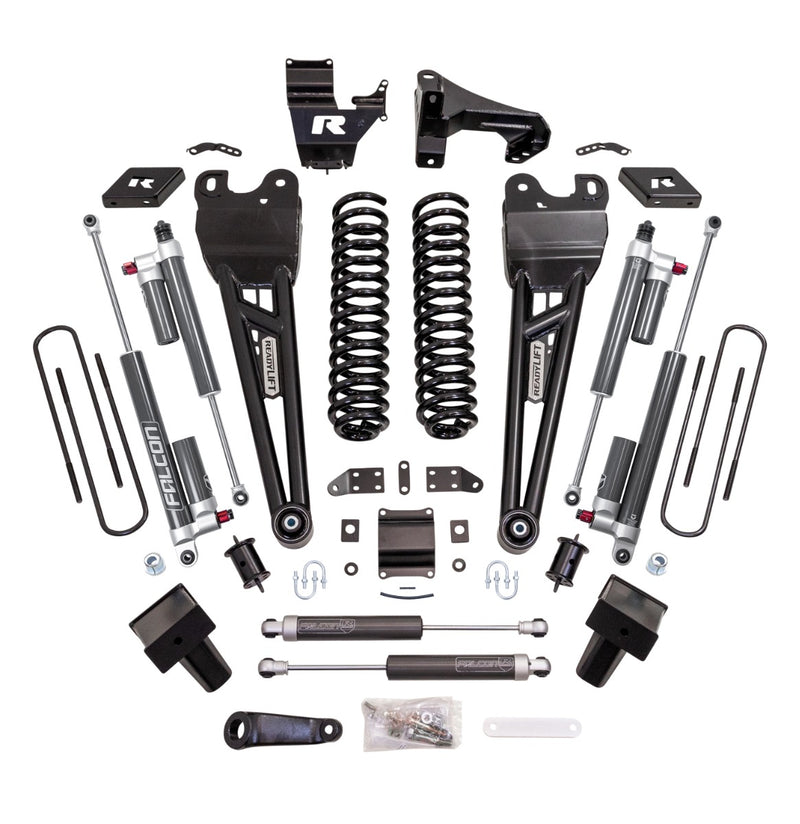 ReadyLIFT Coil Spring Suspension System, full kit on a studio background: ReadyLIFT Super Duty kit with radius arms, coil springs, Falcon reservoir shocks, stabilizer and U-bolts on white