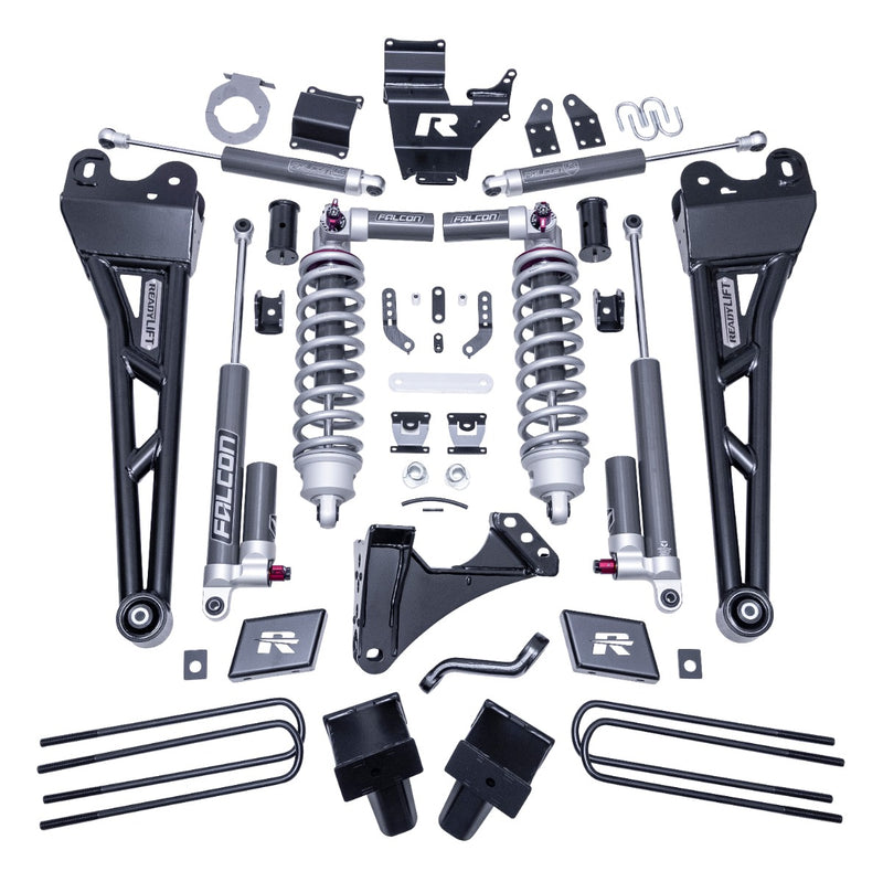 ReadyLIFT Coilover Suspension System, full kit on a studio background: ReadyLIFT Super Duty kit with radius arms, Falcon coilovers, reservoir shocks, blocks and U-bolts on white