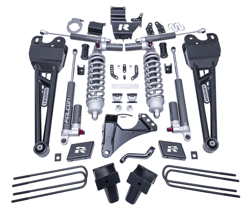 ReadyLIFT Coilover Suspension System, full kit on a studio background: ReadyLIFT Super Duty kit with radius arms, Falcon coilovers, reservoir shocks, blocks and U-bolts on white