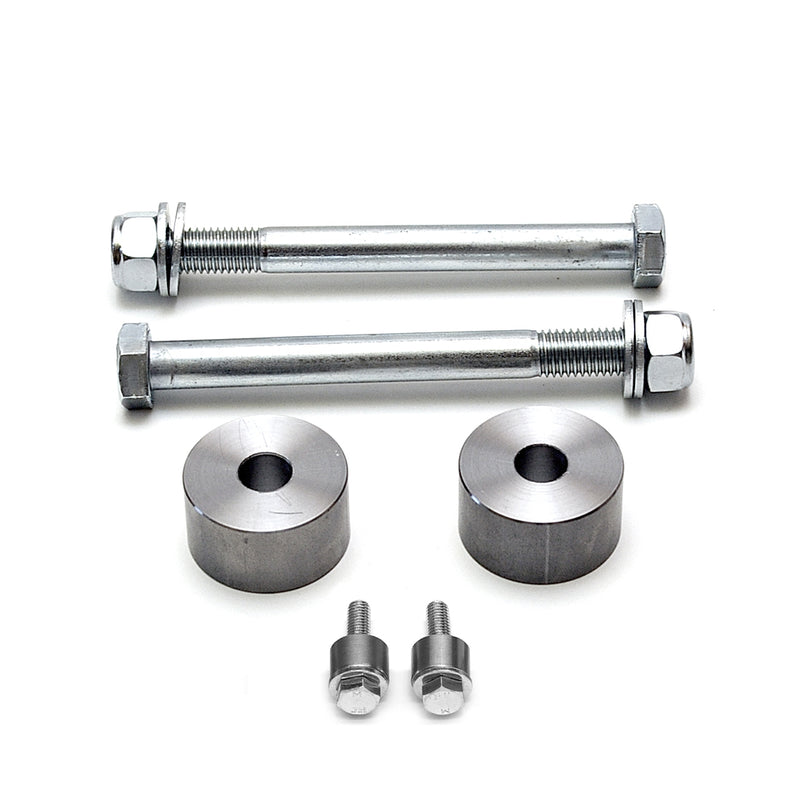 ReadyLIFT Differential Drop Kit, full kit on a studio background: two long bolts, two steel differential drop spacers and two small bolts on white