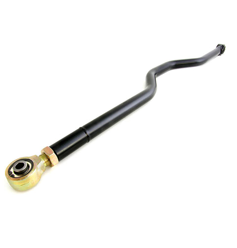 ReadyLIFT Front Heavy Duty Adjustable Track Bar, full kit on a studio background: A black adjustable track bar with a zinc-plated rod end and bushing on a white background