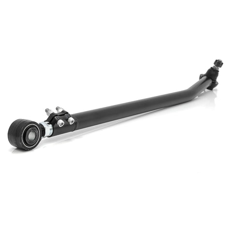 ReadyLIFT Front Track Bar, full kit on a studio background: A black front track bar with bushing end, clamp and tapered stud end on white