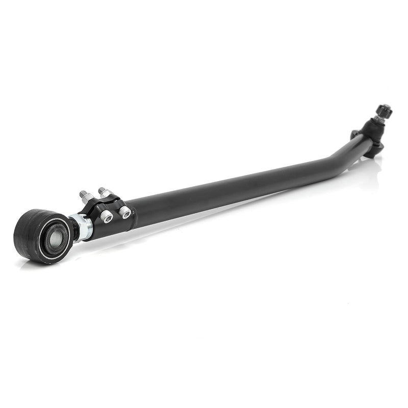 ReadyLIFT Front Track Bar, full kit on a studio background: A black front track bar with bushing end, clamp and tapered stud end on white