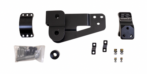 ReadyLIFT Heavy Duty Track Bar Bracket, full kit on a studio background: A black track bar bracket, a clamp, a ReadyLIFT bracket, small brackets and a hardware bag on white