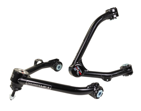 ReadyLIFT Leveling and Big Lift Upper Control Arms, full kit on a studio background: two black ReadyLIFT tubular upper control arms with red R caps on a white background