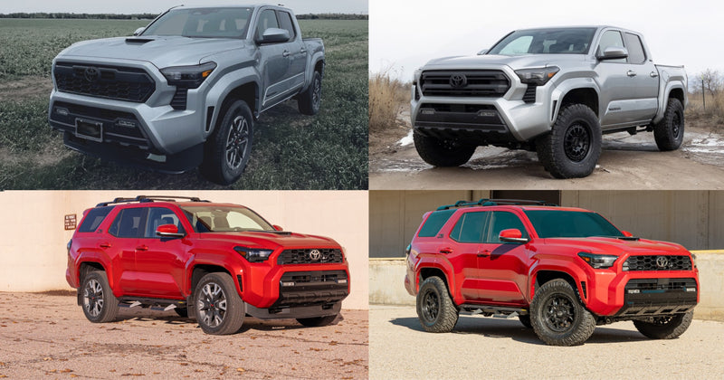 ReadyLIFT Leveling Kit installed on a Toyota Tacoma and 4Runner: four-photo collage of a silver Toyota Tacoma and a red Toyota 4Runner leveled on black wheels outdoors