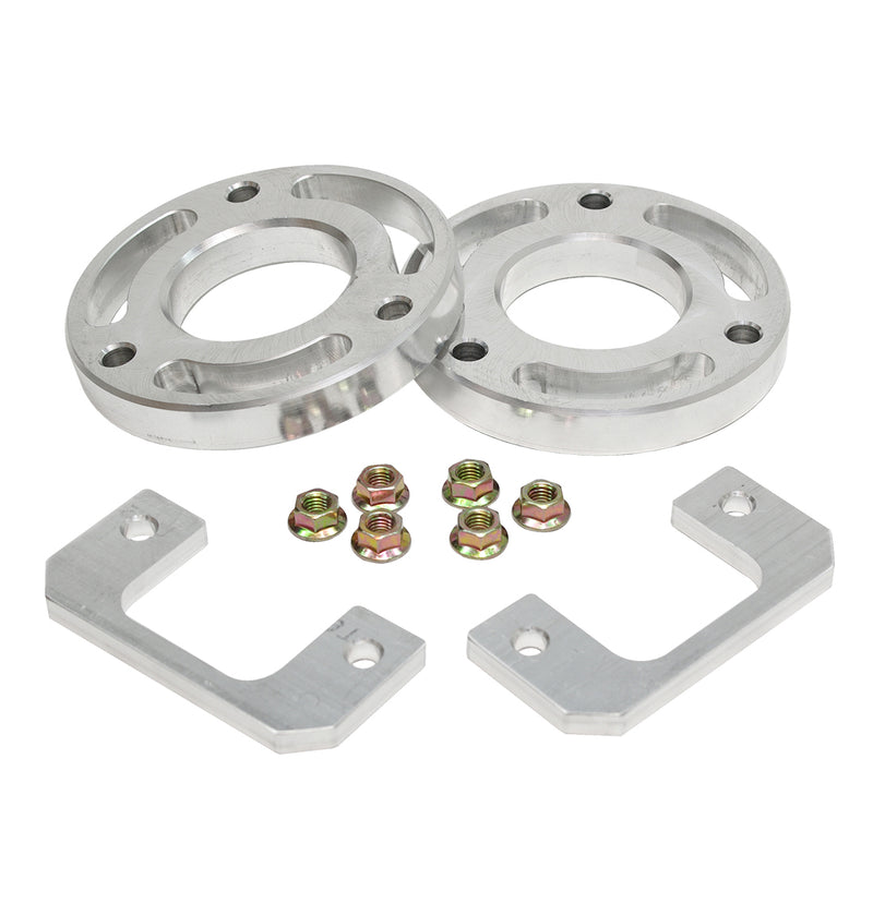 ReadyLIFT Leveling Kit, full kit on a studio background: two aluminum spacer rings with nuts and two aluminum brackets on white