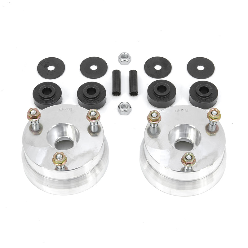 ReadyLIFT Leveling Kit, full kit on a studio background: two aluminum strut spacers with studs plus black bushings, washers and sleeves on white