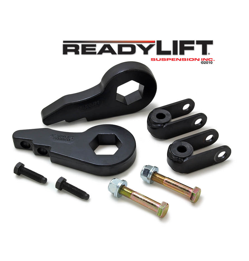 ReadyLIFT Leveling Kit, full kit on a studio background: two black forged torsion keys with shock extensions and bolts under a ReadyLIFT logo on white