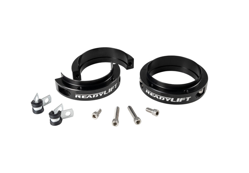 ReadyLIFT Leveling Kit, full kit on a studio background: two black split ReadyLIFT spacer rings with clamps and bolts on white
