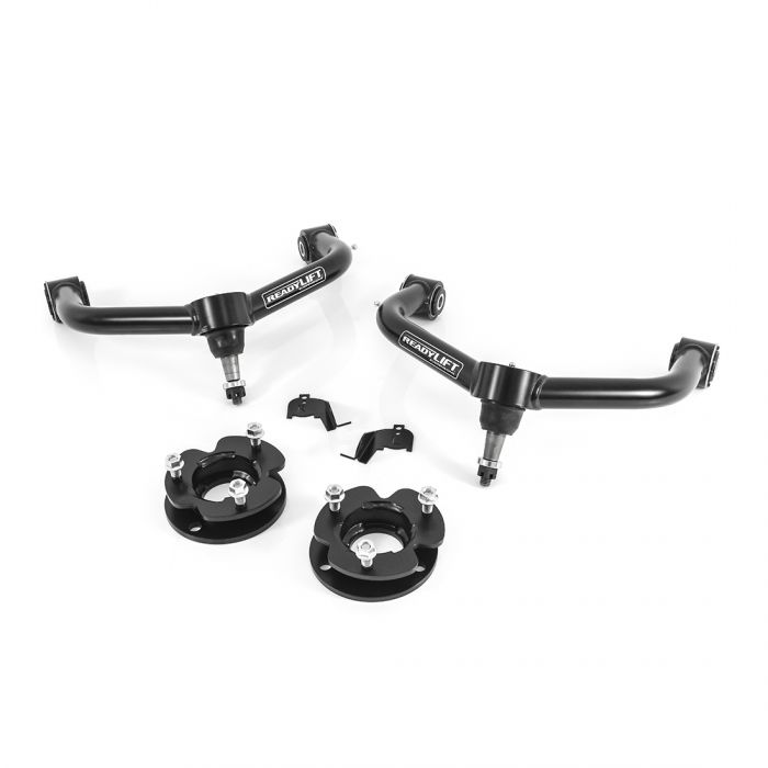ReadyLIFT Leveling Kit, full kit on a studio background: two ReadyLIFT tubular upper control arms with black spacers and brackets on white