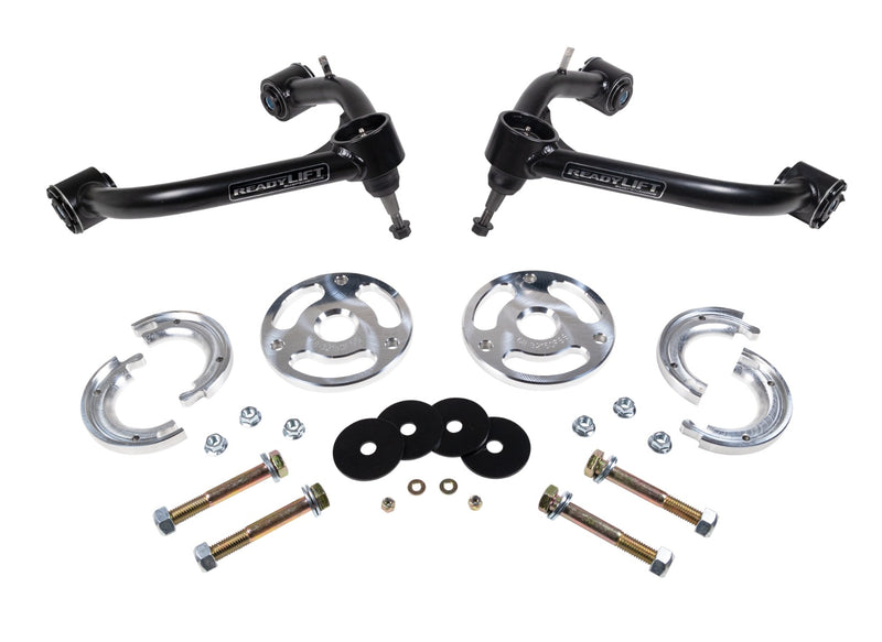 ReadyLIFT Leveling Kit, full kit on a studio background: two ReadyLIFT upper control arms with aluminum spacers, rings, washers and bolts on white
