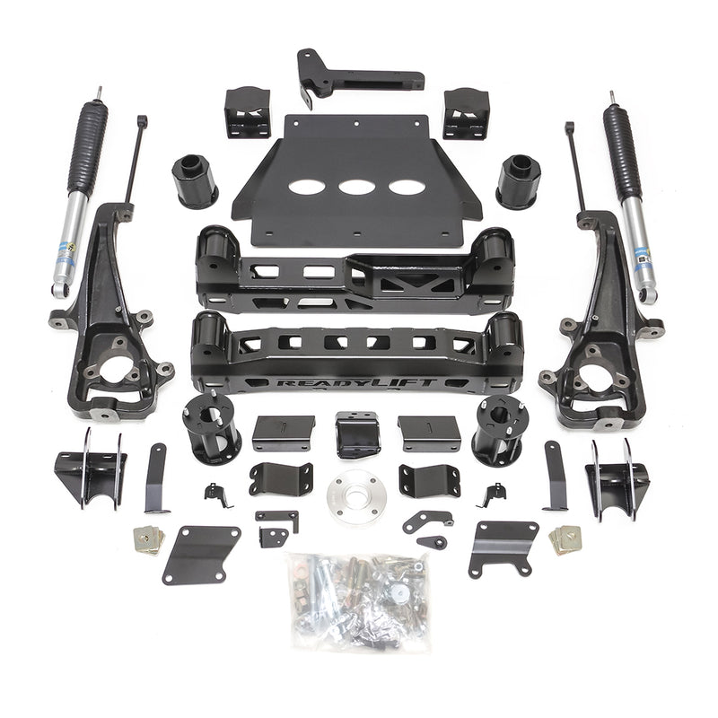 ReadyLIFT Lift Kit, full kit on a studio background: full ReadyLIFT 6" lift kit with knuckles, crossmembers, skid plate, spacers, silver-bodied shocks and hardware on white