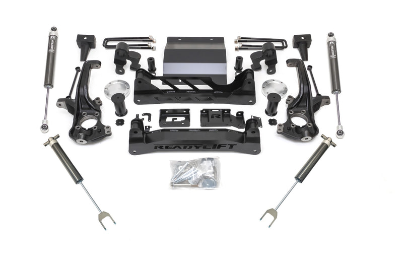 ReadyLIFT Lift Kit, full kit on a studio background: ReadyLIFT 6" GM HD lift kit with knuckles, crossmembers, skid plate, Falcon shocks and hardware on white