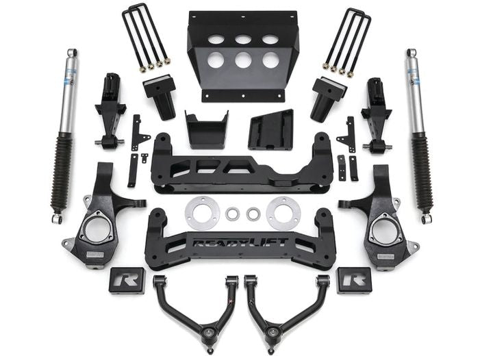 ReadyLIFT Lift Kit, full kit on a studio background: ReadyLIFT 7" GM 1500 kit with upper control arms, knuckles, crossmembers, skid plate, blocks and Bilstein shocks on white