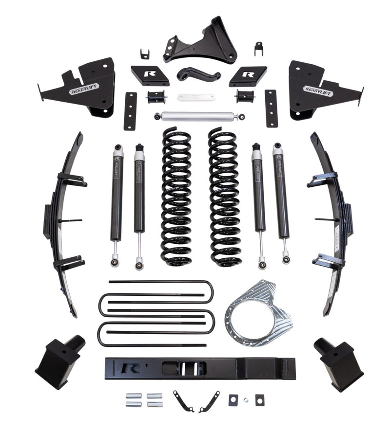 ReadyLIFT Lift Kit, full kit on a studio background: ReadyLIFT 8.5" Super Duty kit with coil springs, leaf springs, crossmember, Falcon shocks, U-bolts and brackets on white
