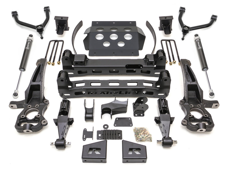 ReadyLIFT Lift Kit, full kit on a studio background: ReadyLIFT 8" GM 1500 kit with upper arms, knuckles, crossmembers, skid plate, Falcon shocks and hardware on white