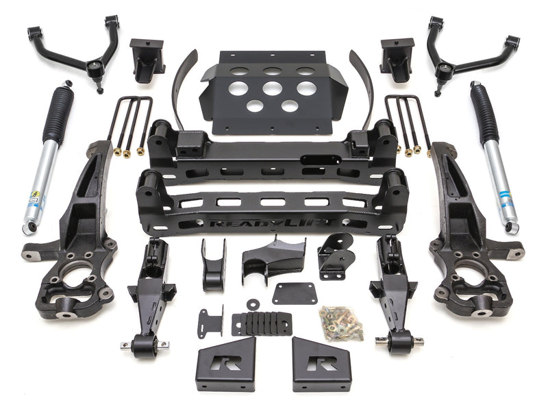 ReadyLIFT Lift Kit, full kit on a studio background: ReadyLIFT 8" GM 1500 kit with upper arms, knuckles, crossmembers, skid plate, Falcon shocks and hardware on white