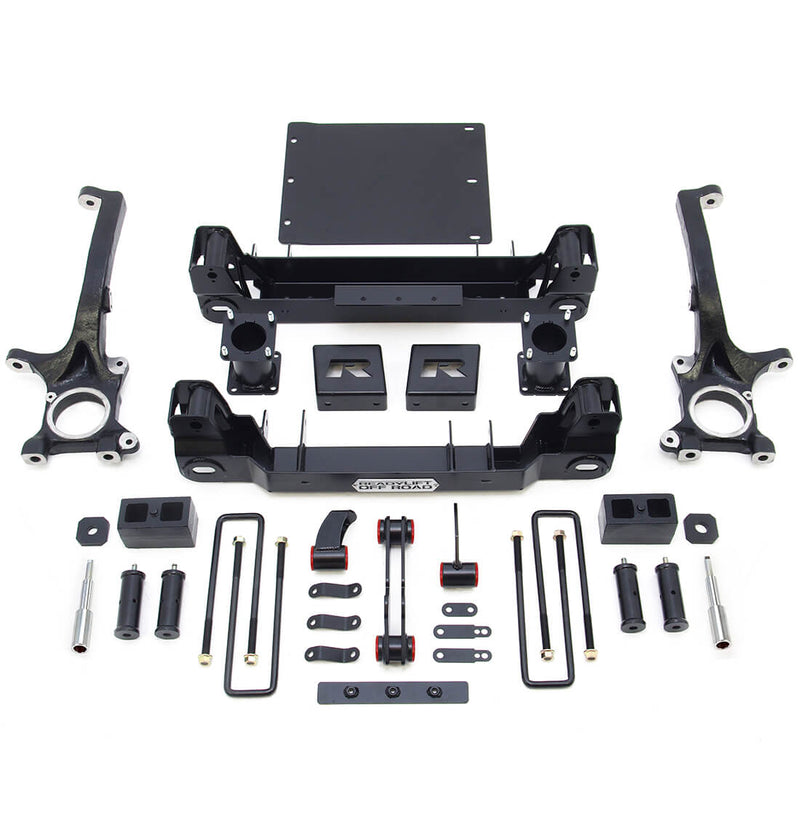 ReadyLIFT Lift Kit, full kit on a studio background: ReadyLIFT Tundra kit with knuckles, crossmembers, skid plate, blocks, U-bolts and hardware on white