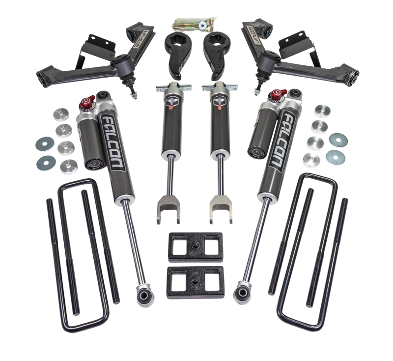 ReadyLIFT Lift Kit, full kit on a studio background: two fabricated upper control arms, torsion keys, four Falcon shocks, rear blocks and U-bolts on a black background