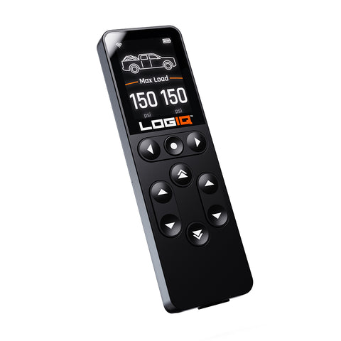 ReadyLIFT LOGIQ AirIQ 2-Channel Remote Control, full kit on a studio background: LOGIQ AirIQ handheld remote angled with a lit screen reading 150 psi, on white