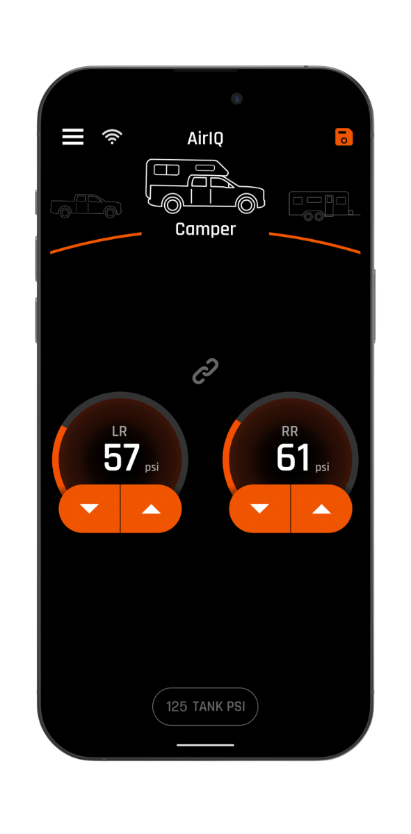ReadyLIFT LOGIQ AirIQ HD2 Air Management Package (2-Channel, HD Compressor): phone screen of the AirIQ app in camper mode showing left and right rear pressures