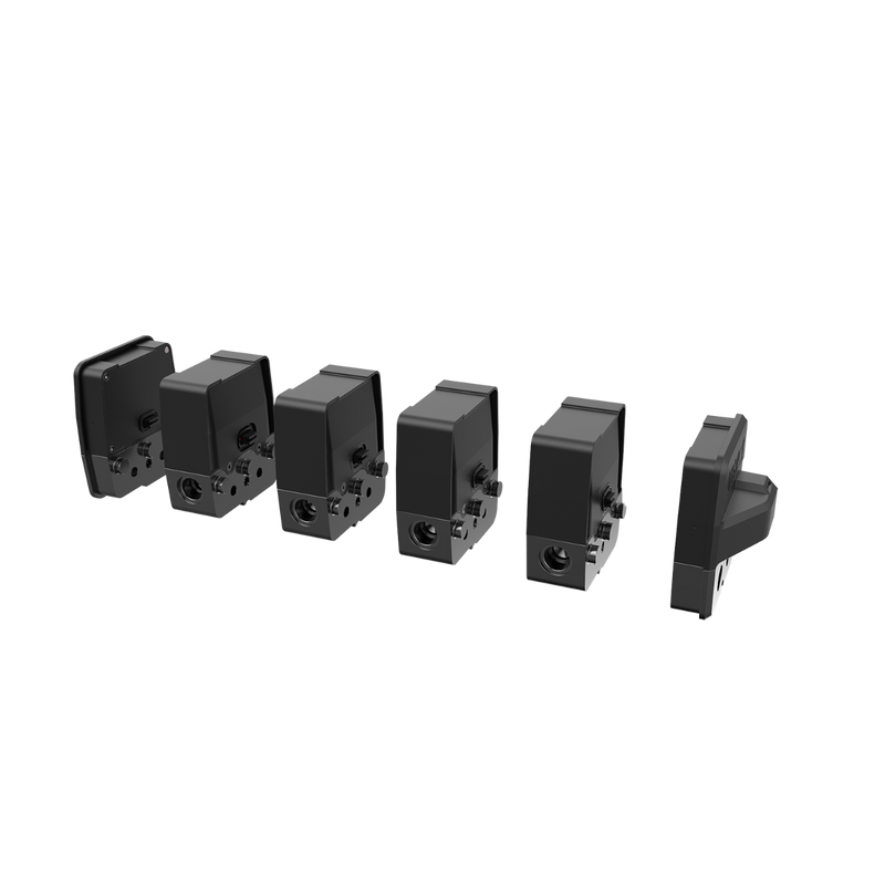 ReadyLIFT LOGIQ AirIQ HD2 Air Management Package (2-Channel, HD Compressor), full kit on a studio background: six black AirIQ manifold housings lined up diagonally on a black background