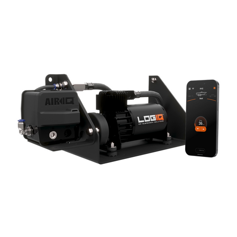 ReadyLIFT LOGIQ AirIQ SD1 Air Management Package (1-Channel, SD Compressor), full kit on a studio background: AirIQ manifold and LOGIQ compressor on a black bracket with a phone showing the AirIQ app, on white