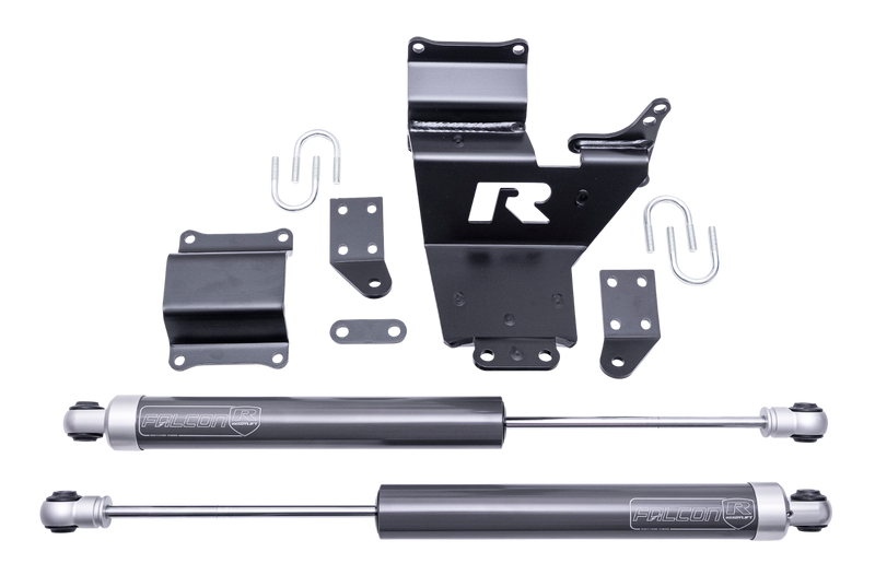 ReadyLIFT Lug Dual Steering Stabilizer Kit, full kit on a studio background: A black ReadyLIFT R bracket, two Falcon steering stabilizers, U-bolts and brackets on a black background
