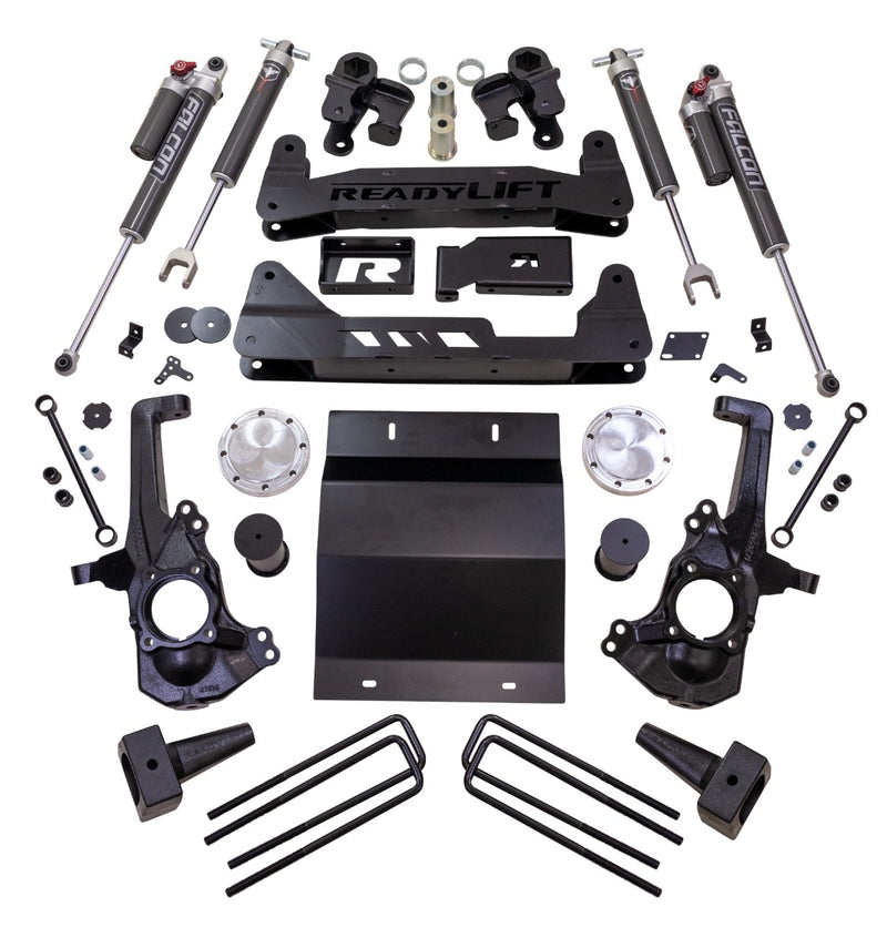ReadyLIFT MAX2.1 Suspension System, full kit on a studio background: ReadyLIFT GM HD kit with Falcon shocks, knuckles, crossmembers, skid plate, blocks and U-bolts on white