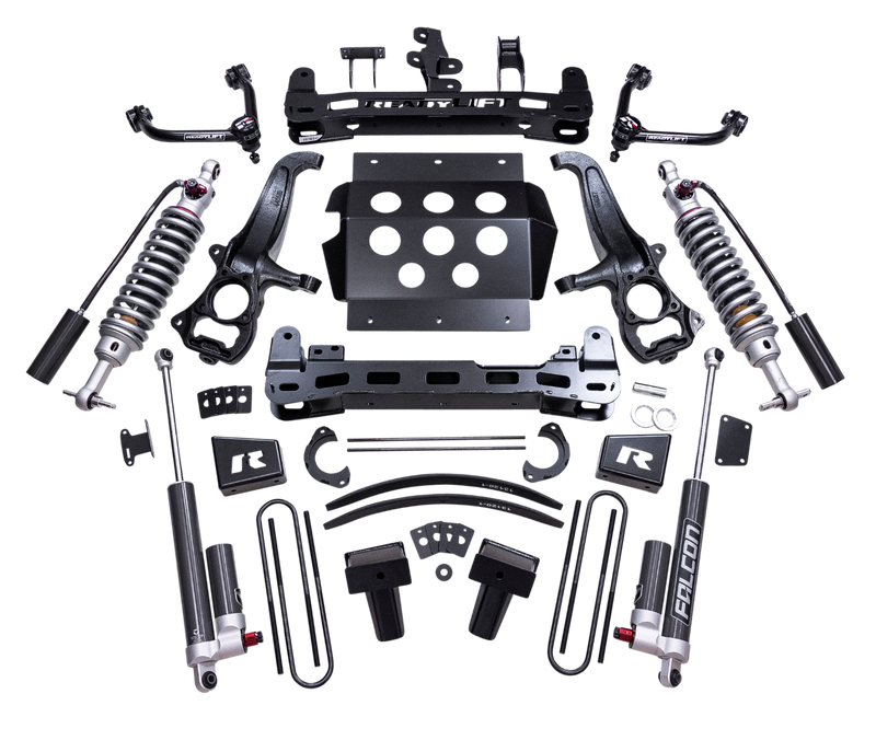 ReadyLIFT MAX3.3 Suspension System, full kit on a studio background: ReadyLIFT 8" GM 1500 kit with Falcon 3.3 coilovers, shocks, crossmembers, skid plate and blocks, framed by black bars with slight banding