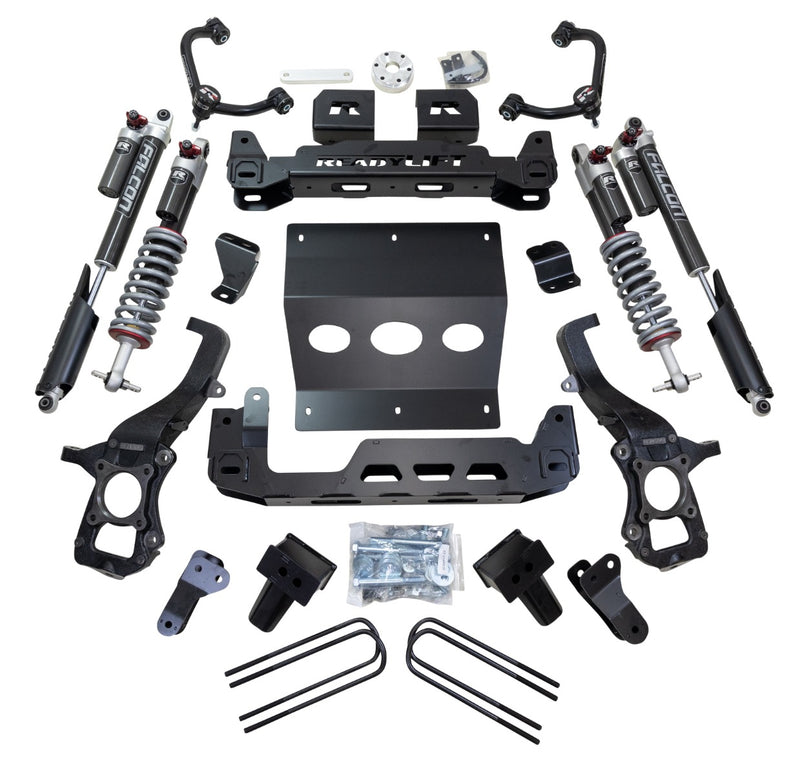 ReadyLIFT MAX3.3 Suspension System, full kit on a studio background: ReadyLIFT F-150 kit with Falcon 3.3 coilovers, reservoir shocks, upper arms, knuckles, crossmembers, skid plate and U-bolts on white
