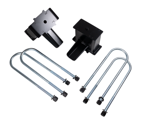 ReadyLIFT Mono-Leaf Rear Block Kit, full kit on a studio background: two tall black fabricated rear lift blocks with four zinc round U-bolts and nuts on a black background