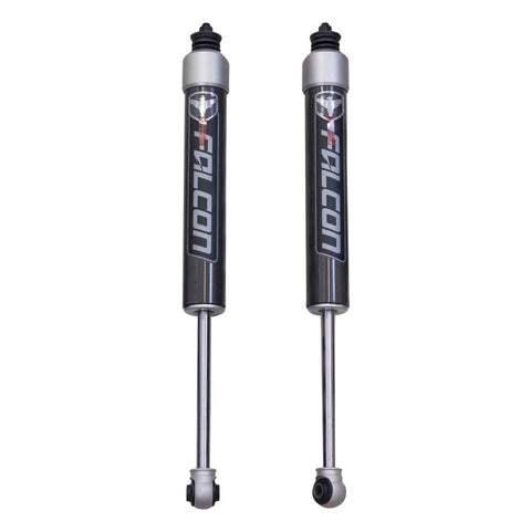 ReadyLIFT Premium Falcon 2.1 Standalone Front Pair, full kit on a studio background: two gray Falcon 2.1 monotube shocks with boots and eyelet mounts on white