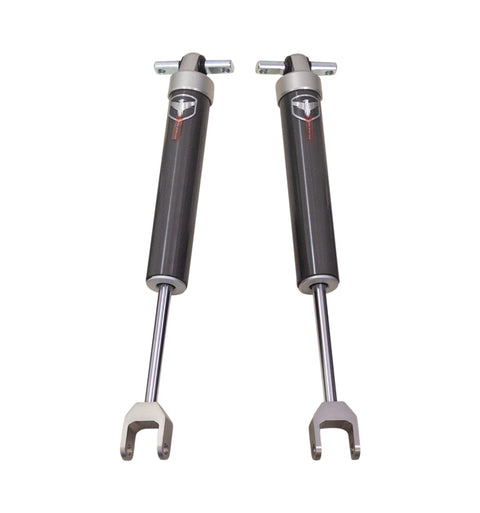 ReadyLIFT Premium Falcon 2.1 Standalone Front Pair, full kit on a studio background: two gray Falcon 2.1 shocks with lower clevis forks and upper crossbar mounts on white