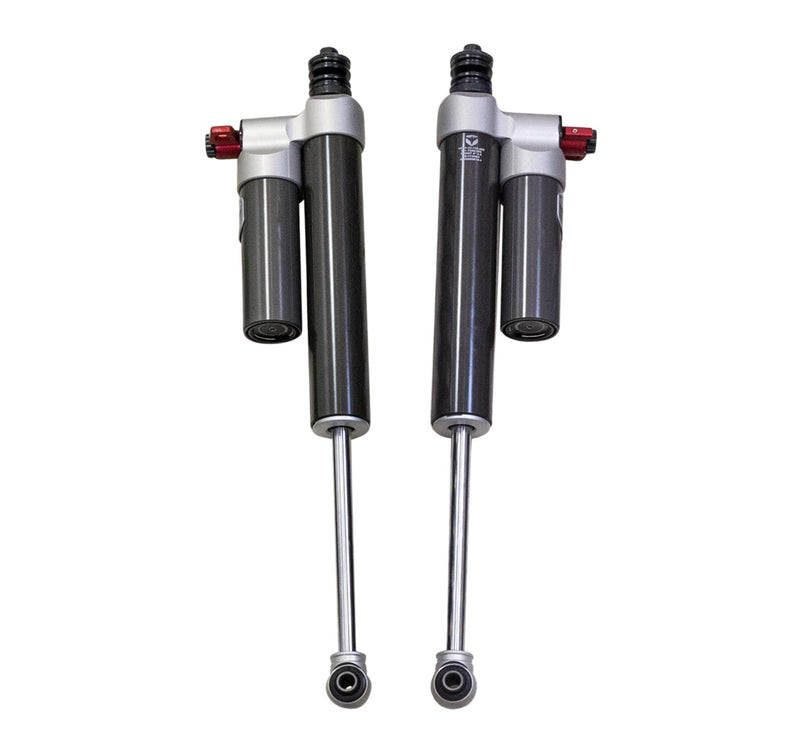 ReadyLIFT Premium Falcon 3.3 Standalone Front Kit, full kit on a studio background: two Falcon 3.3 shocks with piggyback reservoirs and red adjuster knobs on white