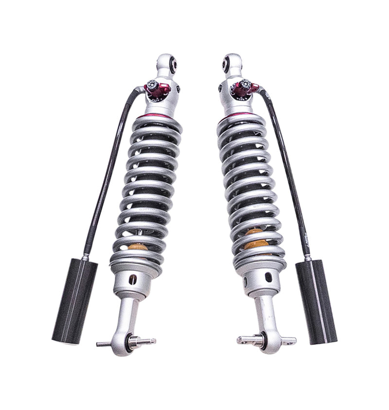 ReadyLIFT Premium Falcon 3.3 Standalone Front Pair, full kit on a studio background: pair of Falcon 3.3 coilovers with silver springs, red adjusters and remote reservoirs on white