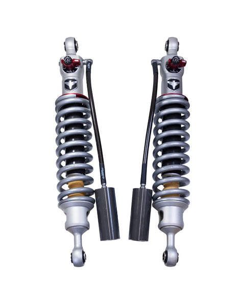 ReadyLIFT Premium Falcon 3.3 Standalone Front Pair, full kit on a studio background: pair of silver-spring Falcon coilovers with remote reservoirs and adjuster knobs on white