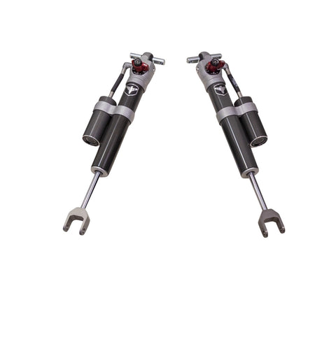 ReadyLIFT Premium Falcon 3.3 Standalone Front Pair, full kit on a studio background: two Falcon 3.3 shocks with piggyback reservoirs, red adjusters and lower clevis forks on white