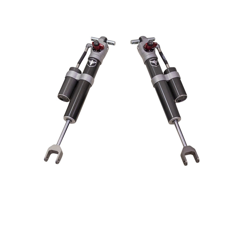 ReadyLIFT Premium Falcon 3.3 Standalone Front Pair, full kit on a studio background: two Falcon 3.3 shocks with piggyback reservoirs, red adjusters and lower clevis forks on white