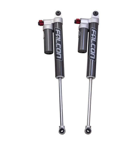 ReadyLIFT Premium Falcon 3.3 Standalone Rear Pair, full kit on a studio background: two Falcon 3.3 shocks with piggyback reservoirs and red adjusters on white