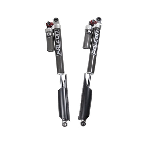 ReadyLIFT Premium Falcon 3.3 Standalone Rear Pair, full kit on a studio background: two Falcon 3.3 shocks with piggyback reservoirs, red adjusters and protective boots on white
