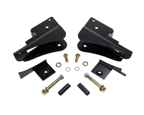 ReadyLIFT Radius Arm Bracket Kit, full kit on a studio background: two black radius arm brackets, two plates, long bolts, sleeves and washers on white