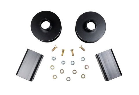 ReadyLIFT Spacer Kit, full kit on a studio background: two black rear coil spacers, two black bump stop extensions and hardware on white