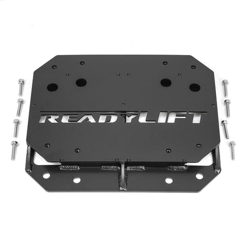 ReadyLIFT Spare Tire Relocation Bracket, full kit on a studio background: A black spare tire relocation plate with ReadyLIFT cut-out lettering and bolts on white