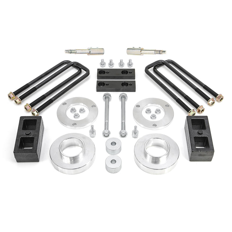 ReadyLIFT SST Lift Kit, full kit on a studio background: aluminum strut and preload spacers, two rear blocks, U-bolts, pins and bolts on white