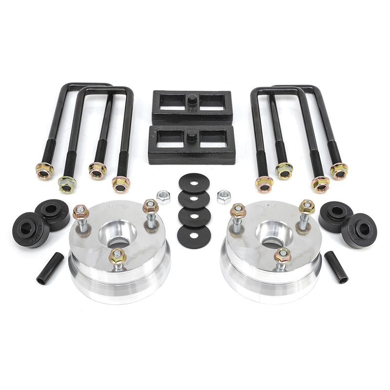 ReadyLIFT SST Lift Kit, full kit on a studio background: aluminum strut spacers, two rear blocks, U-bolts, bump stops and washers on white