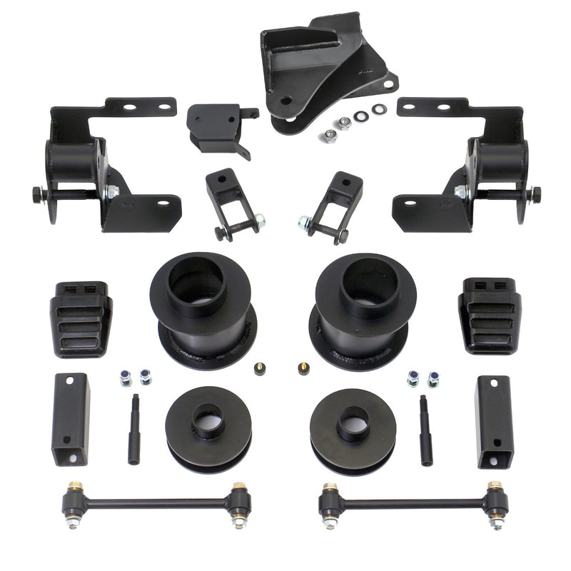ReadyLIFT SST Lift Kit, full kit on a studio background: black brackets, coil spacers, bump stops, sway bar links and hardware laid out on white