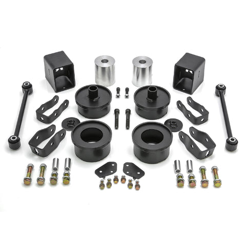 ReadyLIFT SST Lift Kit, full kit on a studio background: black coil spacers, aluminum bump stop spacers, brackets, sway bar links and bolts on white