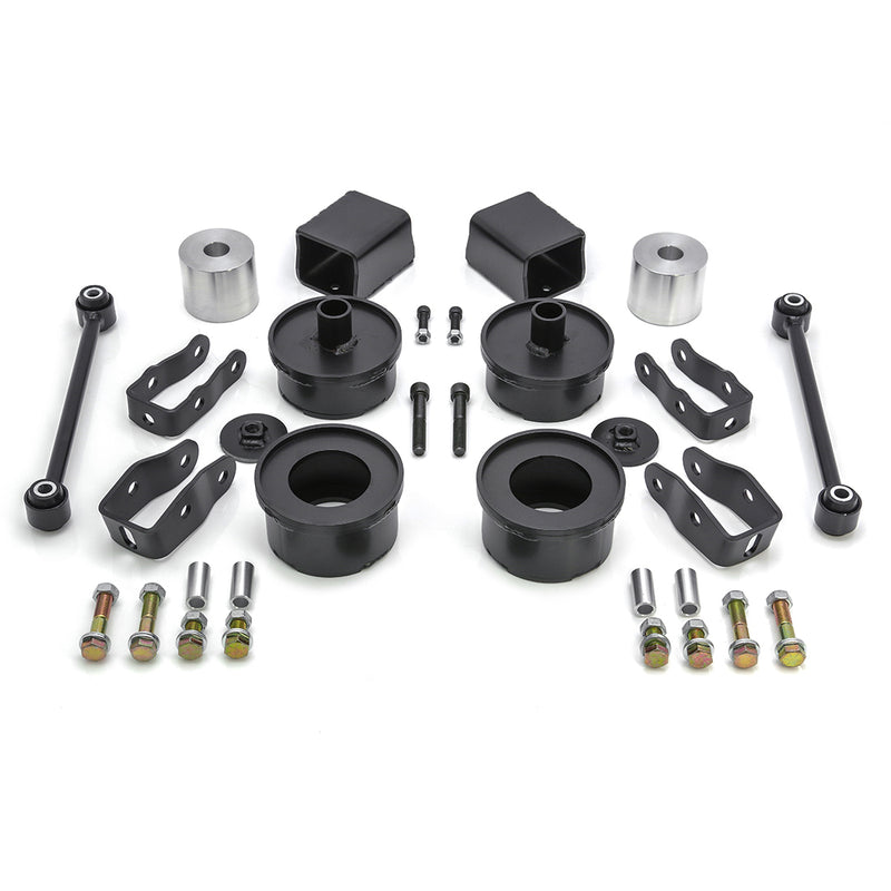 ReadyLIFT SST Lift Kit, full kit on a studio background: black coil spacers, aluminum bump stop spacers, brackets, sway bar links and bolts on white